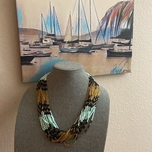 Vintage Artisan  80s 24 Strands of Aqua Gold & Black Glass Seed Beads Necklace